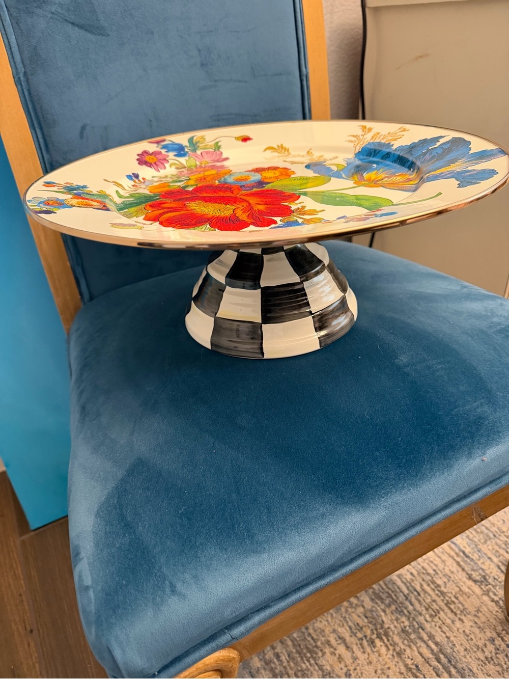 MacKenzie-Childs Hand-Painted Floral Pedestal with Black & White Check